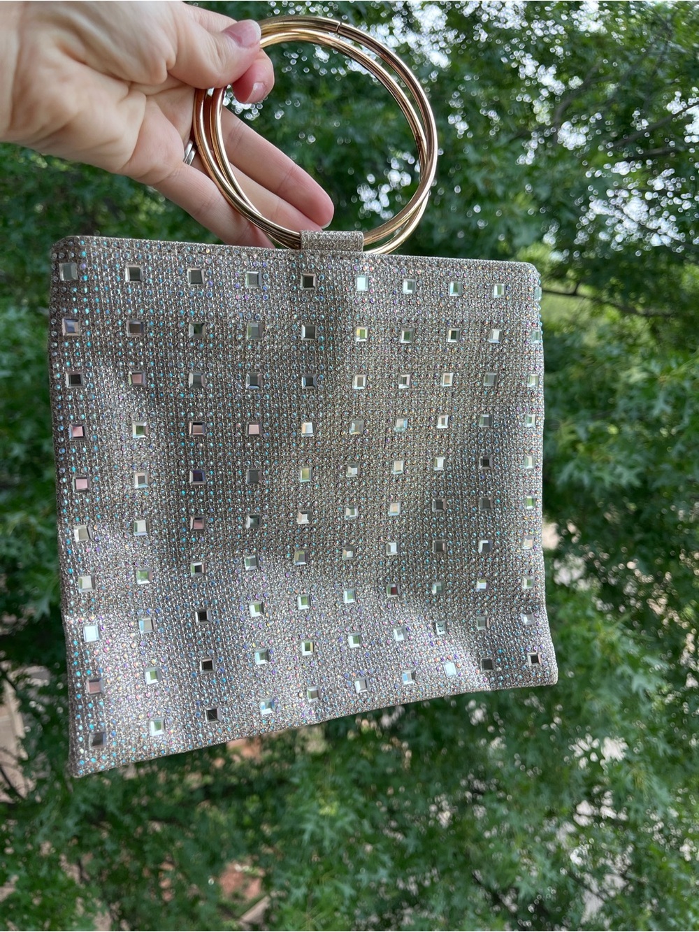 Metallic Square-Embellished Wristlet Bag with Gold Rings AS IS